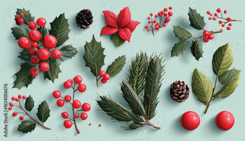 Festive Holiday Botanical Arrangement featuring Holly Berries Pine Cones and Evergreen Branches with a Subtle Pastel Background creating a Classic Christmas Ambiance