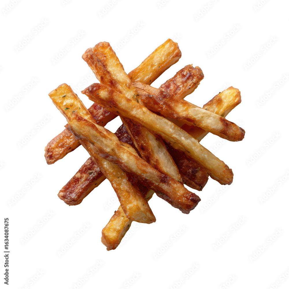 A close-up view of crispy golden fried sticks stacked artistically on a white background, showcasing their texture and delicious appeal. A close-up view of crispy golden fried sticks stacked artistically on a white background, showcasing their texture and delicious appeal.