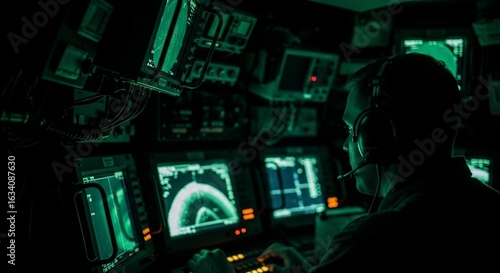 Man in headset operating green-lit monitors in dark control room