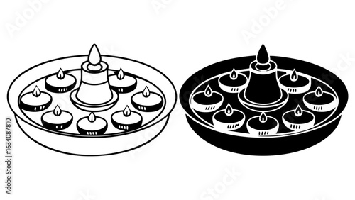 Festive Thali Icons in Outline and Solid Black Vector Style