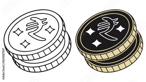 Gold Coin Icons in Outline and Solid Black Vector Style.