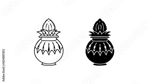 Kalash Pot Icons in Outline and Solid Black Vector Style.