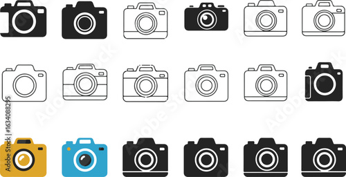 Diverse collection of digital camera icons in various styles colors and outlines on a white background Keywords: camera icon, digital camera, DSLR camera, mirrorless camera, compact camera