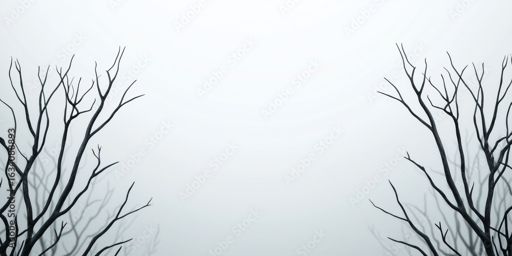 Fototapeta premium A misty spooky haunted forest halloween background. Silhouettes of gnarled trees stand against a foggy, moonlit sky, with faint, ethereal lights glowing in the distance.