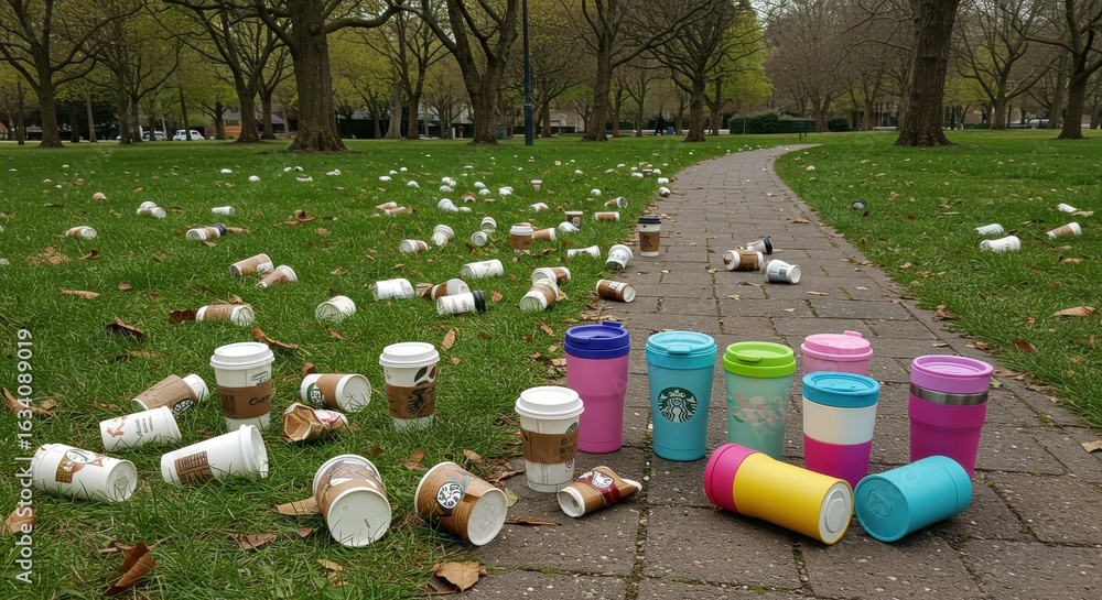 Fototapeta premium Discarded coffee cups littering a park, contrasting with reusable colorful tumblers on a stone path.