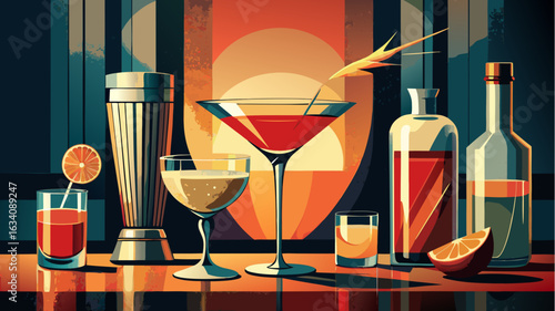 wine glass and bottle on red background