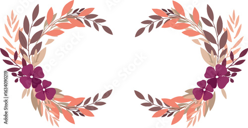 Floral arrangement featuring symmetrical leaf and flower designs on a white background in soft colors
