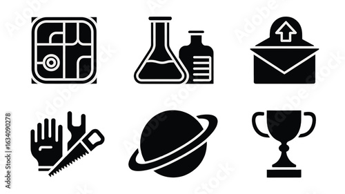 Black silhouette vector icons representing diverse concepts including GPS chemistry email construction space and achievements