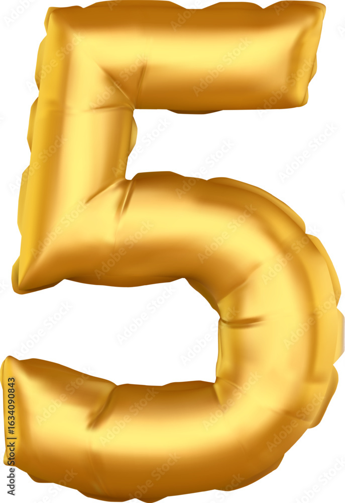 Fototapeta premium Number five crafted from a shiny golden inflatable balloon, floating gracefully against a clean white background, adding a festive touch to birthday or anniversary celebrations