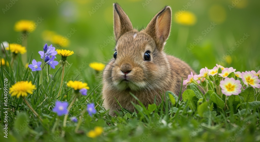 Fototapeta premium Adorable baby rabbit amidst spring blossoms