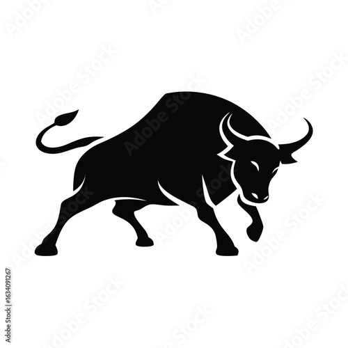 Bull silhouette vector, monochrome logo, symbol  illustration of a standing horned ox or a black  isolated on a white background. Chinese zodiac calendar. Stylish bull logo design.