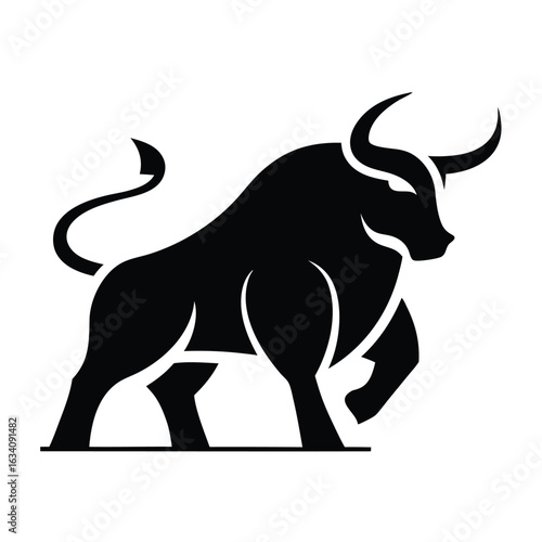 Bull silhouette vector, monochrome logo, symbol  illustration of a standing horned ox or a black  isolated on a white background. Chinese zodiac calendar. Stylish bull logo design.