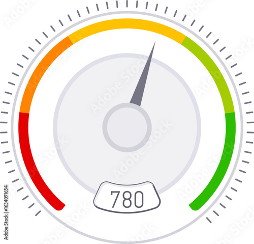 Colorful credit score meter featuring a pointer indicating a strong financial reputation rating, ideal for use in diverse financial and business environments