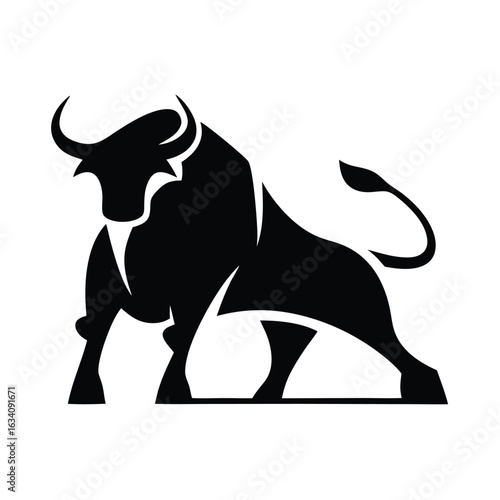 Bull silhouette vector, monochrome logo, symbol  illustration of a standing horned ox or a black  isolated on a white background. Chinese zodiac calendar. Stylish bull logo design.