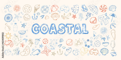 Coastal summer beach icons and word art