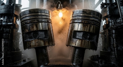 Oily Pistons Under Warm Light: Close-Up of Industrial Machinery with Steam