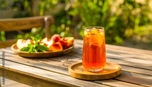 A high-resolution close-up image of Indonesian iced sweet tea (es teh manis) served in a clear glass with ice cubes and visible condensation