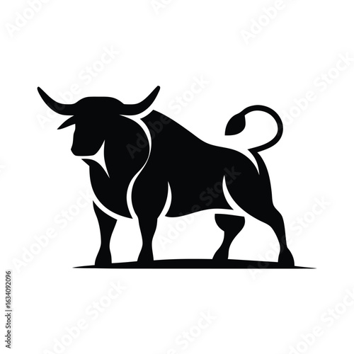 Bull silhouette vector, monochrome logo, symbol  illustration of a standing horned ox or a black  isolated on a white background. Chinese zodiac calendar. Stylish bull logo design.
