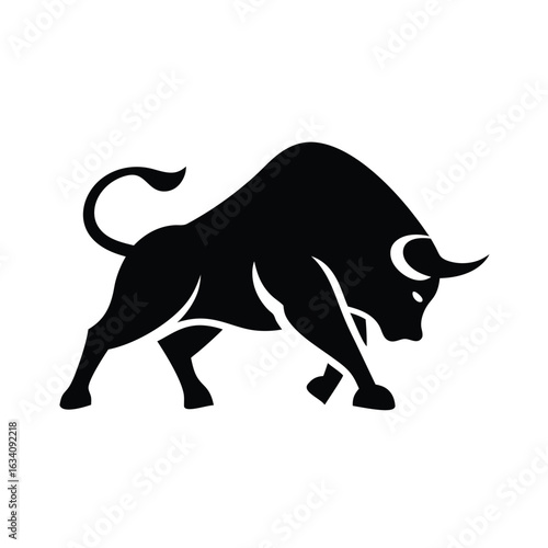 Bull silhouette vector, monochrome logo, symbol  illustration of a standing horned ox or a black  isolated on a white background. Chinese zodiac calendar. Stylish bull logo design.