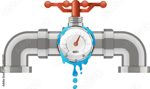 Leaking water pipe with a pressure gauge and valve losing water, forming drops and puddles against a clean white background, highlighting plumbing issues and resource waste