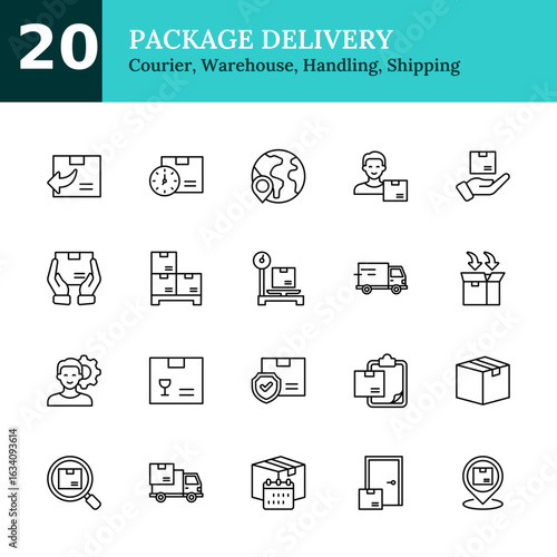 Package Delivery Outline Icon Sheet Design Vector - package handling, shipping logistics, global delivery, tracking, fragile goods, return processes, courier service, warehouse storage