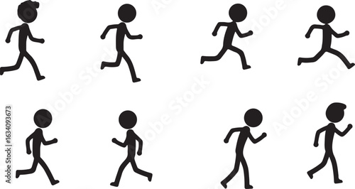 Eight Black Stick Figure Icons Depicting Running and Walking Poses silhouette person