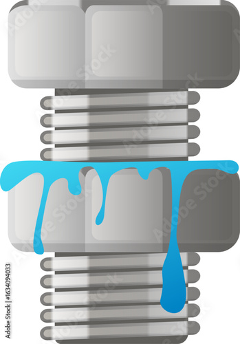 Thread sealant dripping from a hex bolt and nut, creating a secure and leak proof connection ideal for plumbing, construction, and various industrial applications