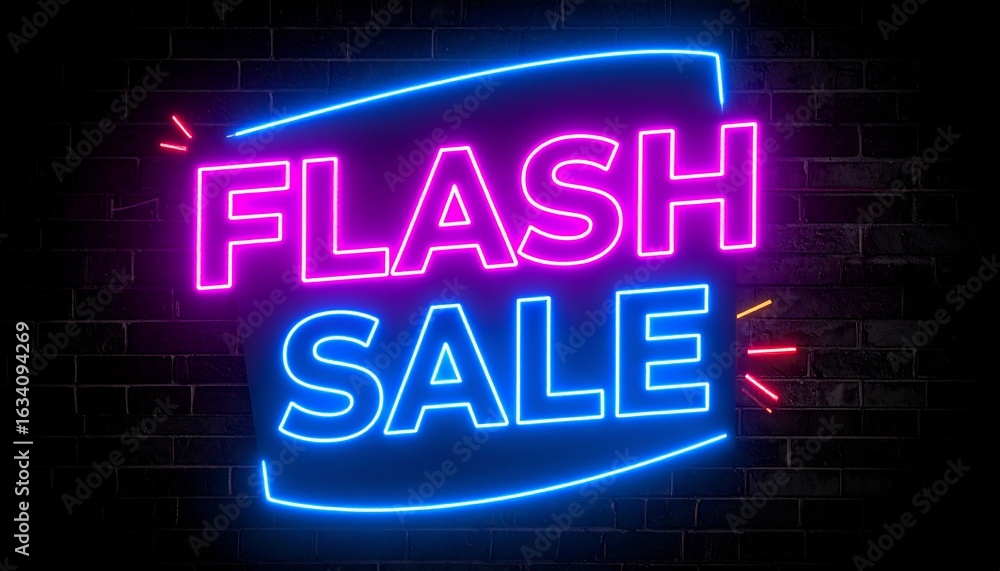 Obraz premium Flash Sale Neon Sign Glowing Pink and Blue Against Dark Brick Wall