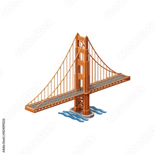 Isometric illustration of a golden gate bridge with water isolated on a white background.