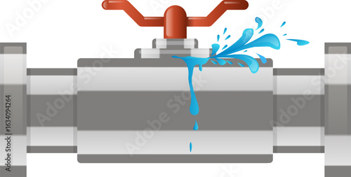 Water leaking from a broken pipe with a red valve against a white background illustrates plumbing issues, highlighting water damage and emphasizing the urgent need for repairs