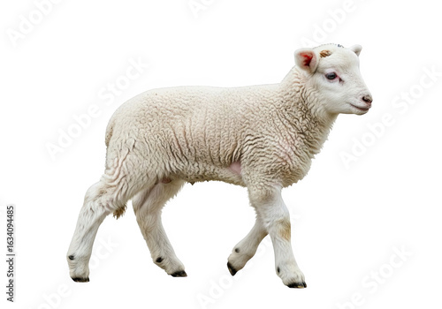 A young white lamb with curly wool isolated on transparent background, walking in a side view studio shot