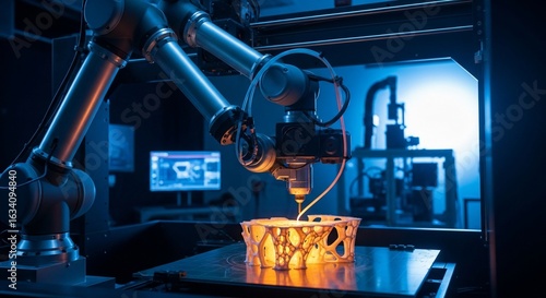 Robotic Arm 3D Printing Intricate Glowing Object in Modern Lab