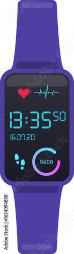Modern purple smartwatch showing various health and activity metrics, including time, date, heart rate, step count, and activity progress, promoting a healthy and connected lifestyle