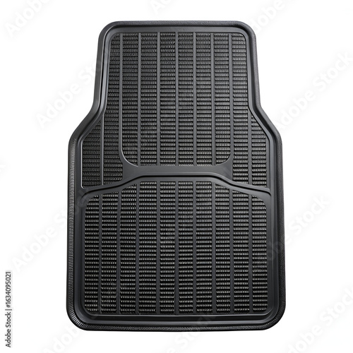 Black rubber car floor mat for vehicle interior protection against dirt and spills, isolated on white background