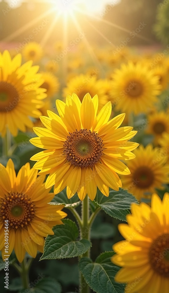 Fototapeta premium Vibrant sunflower garden in soft sunlight. Rich colors, dreamy atmosphere, blurred background. Balanced composition, calm beauty.. Summer time.