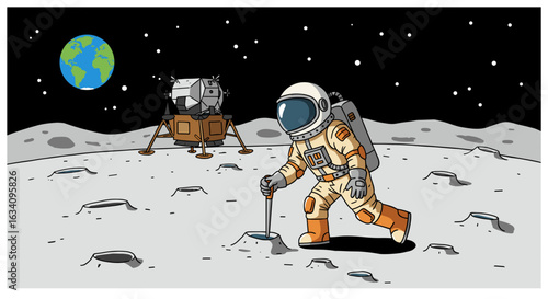 Animated Astronaut Exploring Lunar Surface With Earth Visible in the Distance