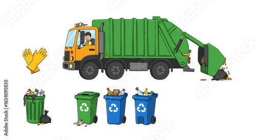 Illustrated Garbage Truck with Driver, Bins, Gloves, Isolated on White Background