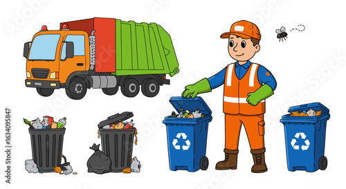 Cartoon Illustration of a Waste Management Worker and Garbage Truck