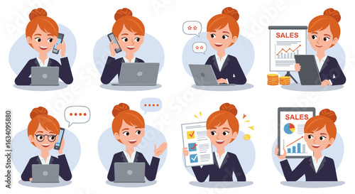Cheerful businesswoman in diverse scenarios: multi-tasking, sales, and communication vector