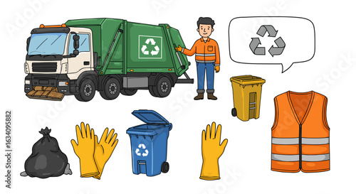 Cartoon Illustration: Sanitation Worker, Recycling Truck, and Waste Management Tools Set on White