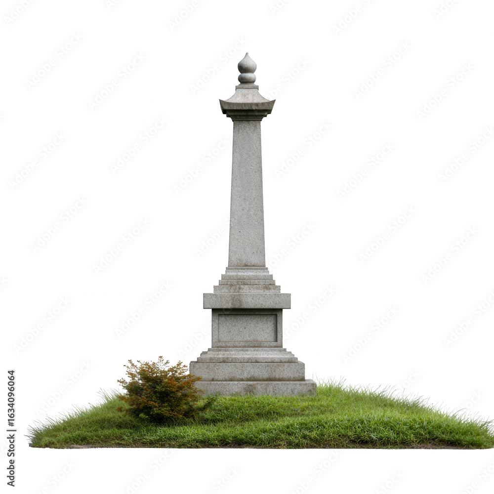 Fototapeta premium A solitary granite monument surrounded by green grass, evoking a sense of remembrance and tranquility, suitable for memorial or historical contexts.