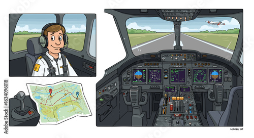 Pilot in airplane cockpit with map during flight, illustrated, cartoon style.