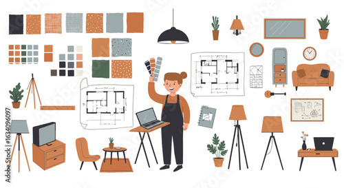 Creative Interior Designer Surrounded by Inspirations, Furniture Designs, Swatches, and Architectural Plans