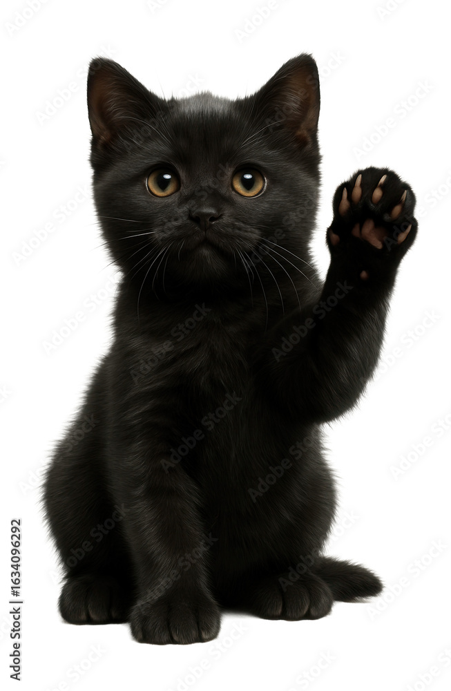 Obraz premium Cute black kitten sitting and raising its paw, showcasing its tiny claws on transparent background.