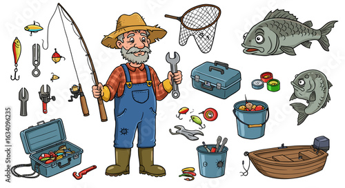 Cartoon Fisherman With His Gear Ready for a Fishing Trip, Ready to Go