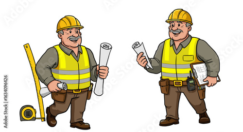 Cartoon construction worker with blueprint and another holding clipboard illustrations, isolated.