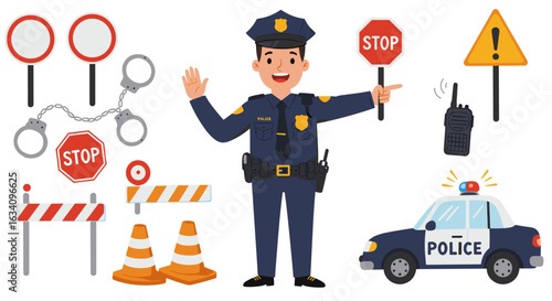 Police officer standing amidst traffic control elements in a cartoon style depiction