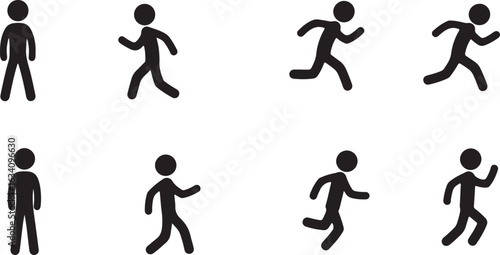 Eight Black Stick Figure Icons Showing Different Poses and Movements silhouette person