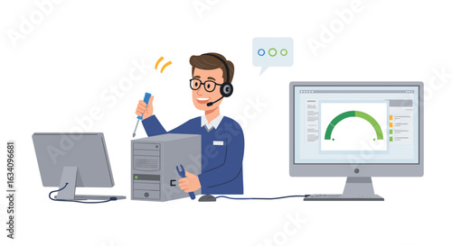 Friendly tech support worker repairing desktop computer with diagnostics tools and headset.