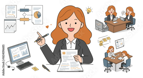 Cheerful Businesswoman Presenting Data Analysis with Colleagues in Various Office Scenarios.